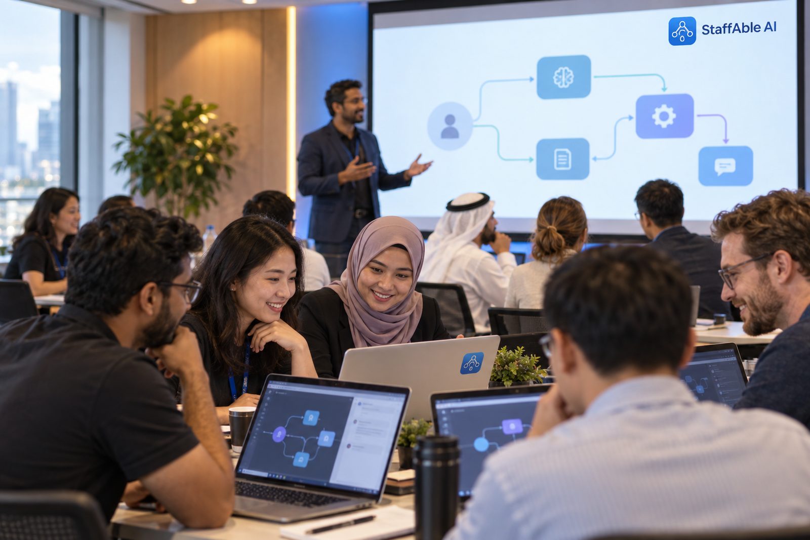 Corporate workshop participants build AI agents while a facilitator leads from the front.