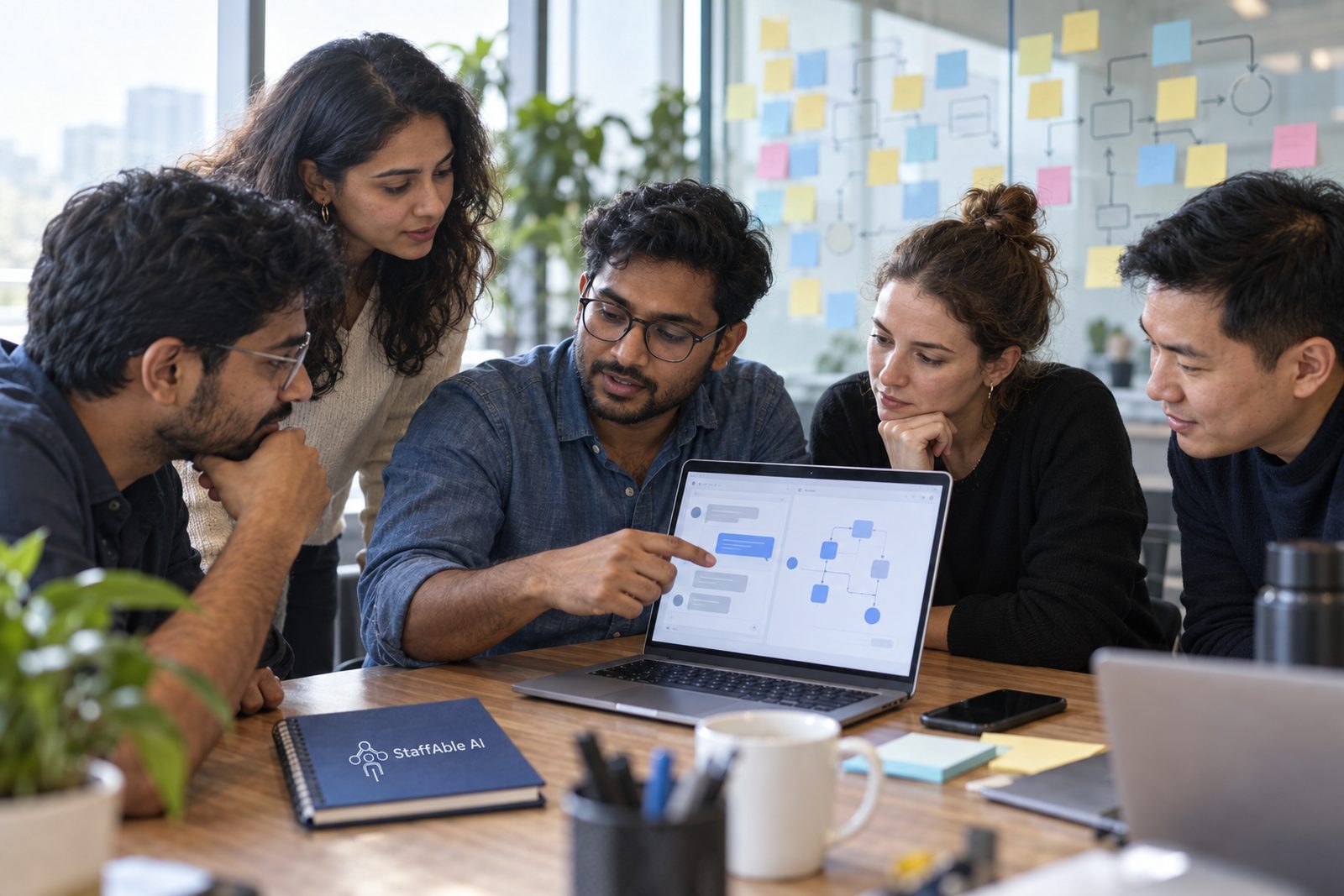 A diverse office team collaborates around one laptop and maps a support-agent workflow.
