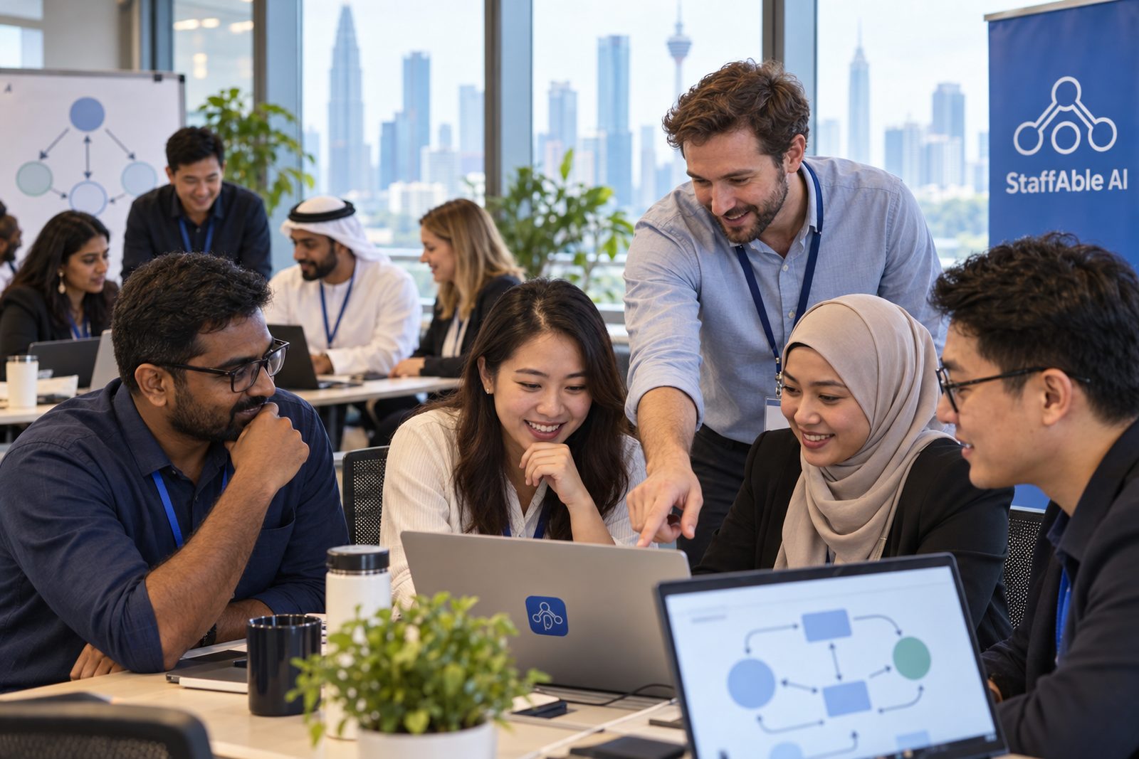 Professionals build AI agents in a modern city-view office workshop.