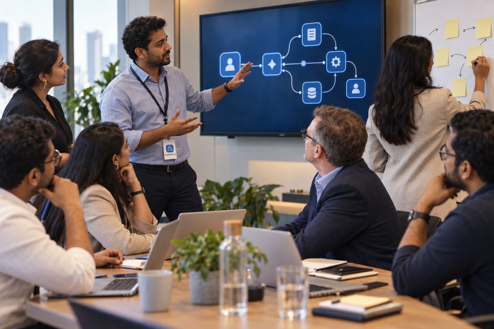 HR and operations colleagues review an AI agent workflow on a large screen.