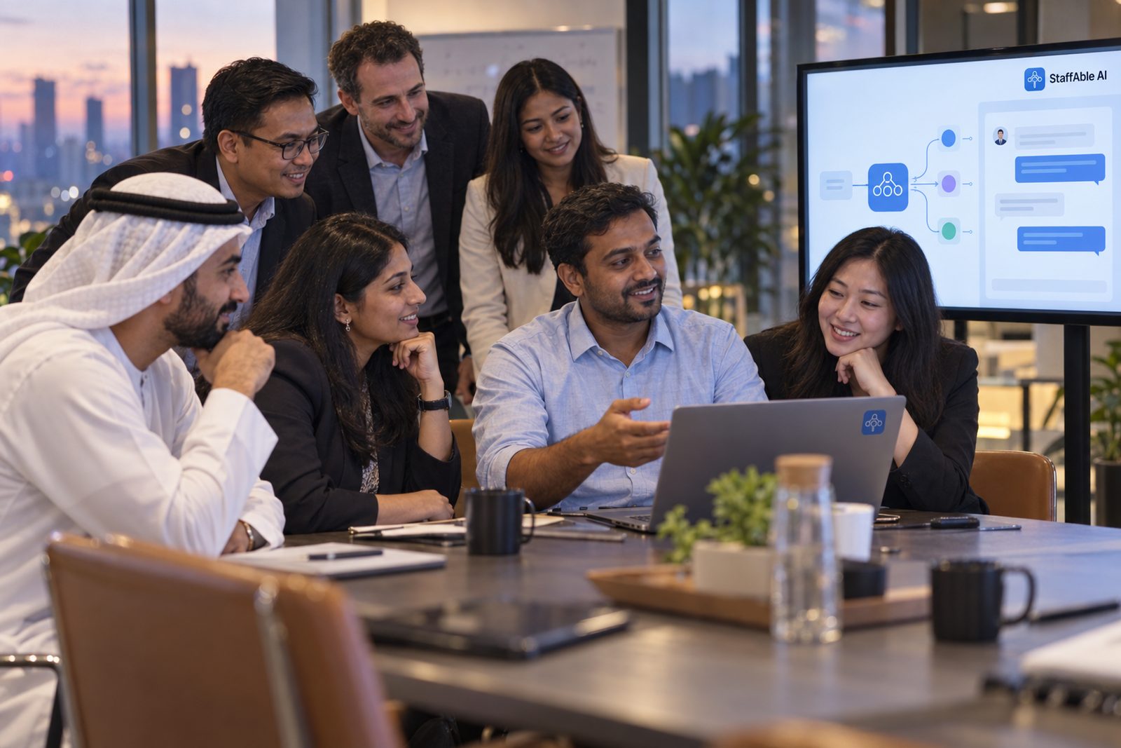 A workshop participant demonstrates a completed AI agent to attentive colleagues.