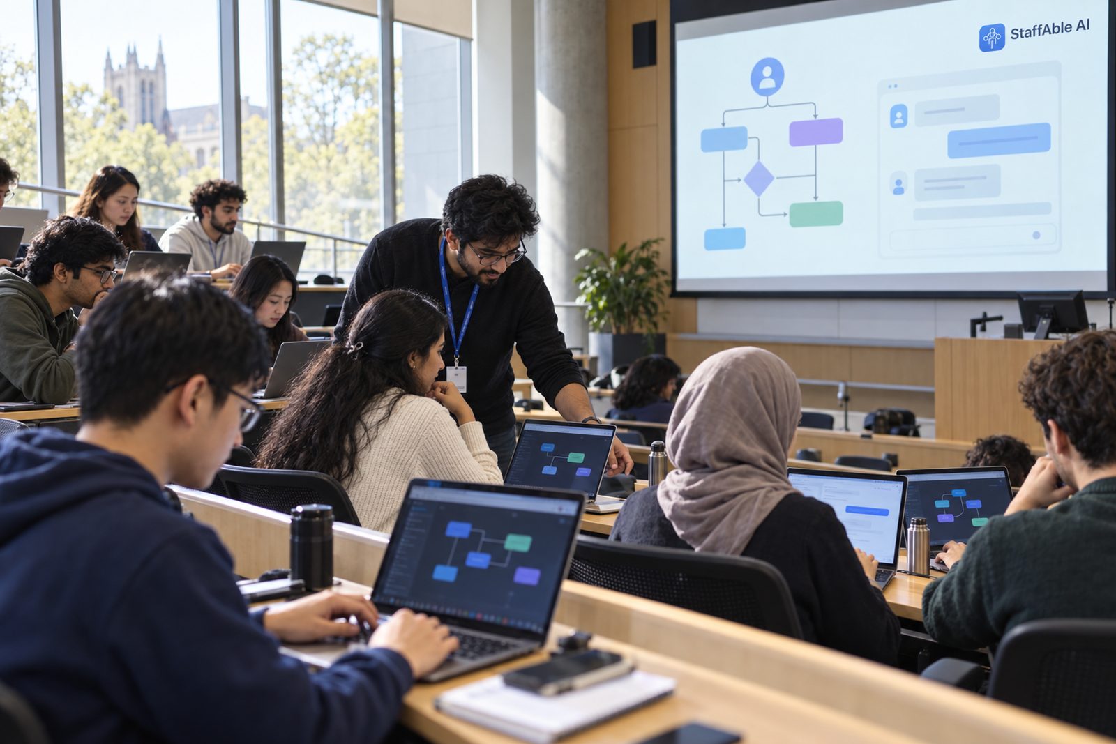 University students work on simple AI agents during a lecture-hall workshop.