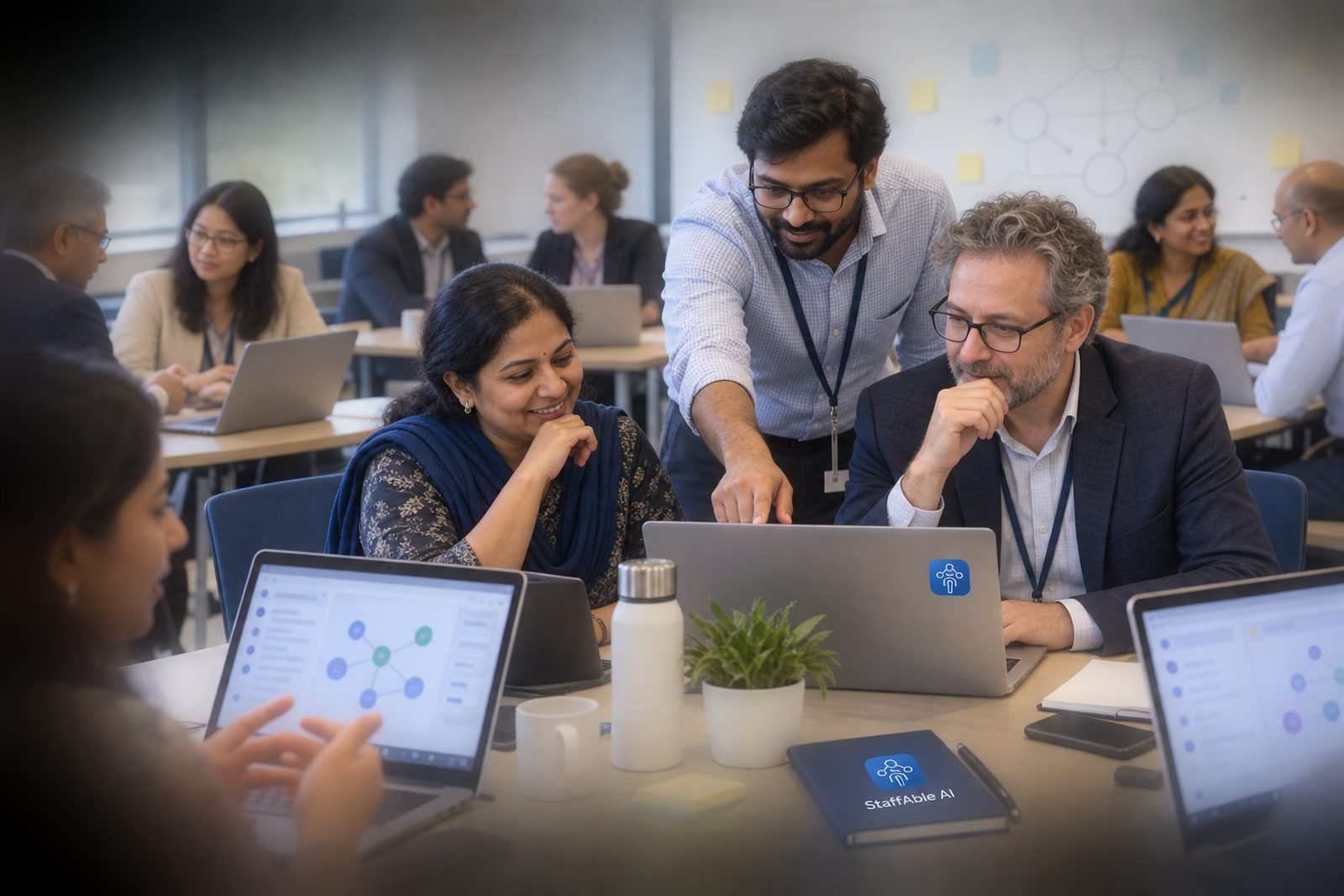Lecturers collaborate on an AI teaching-assistant workflow in a faculty session.