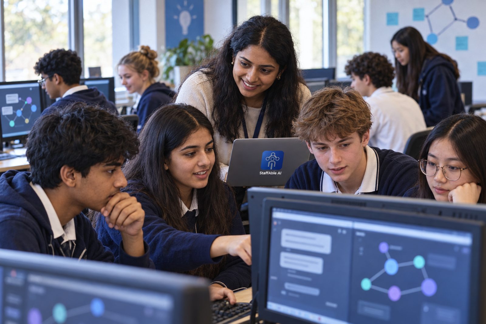 Teen students and a teacher build a study-helper AI agent in a computer lab.