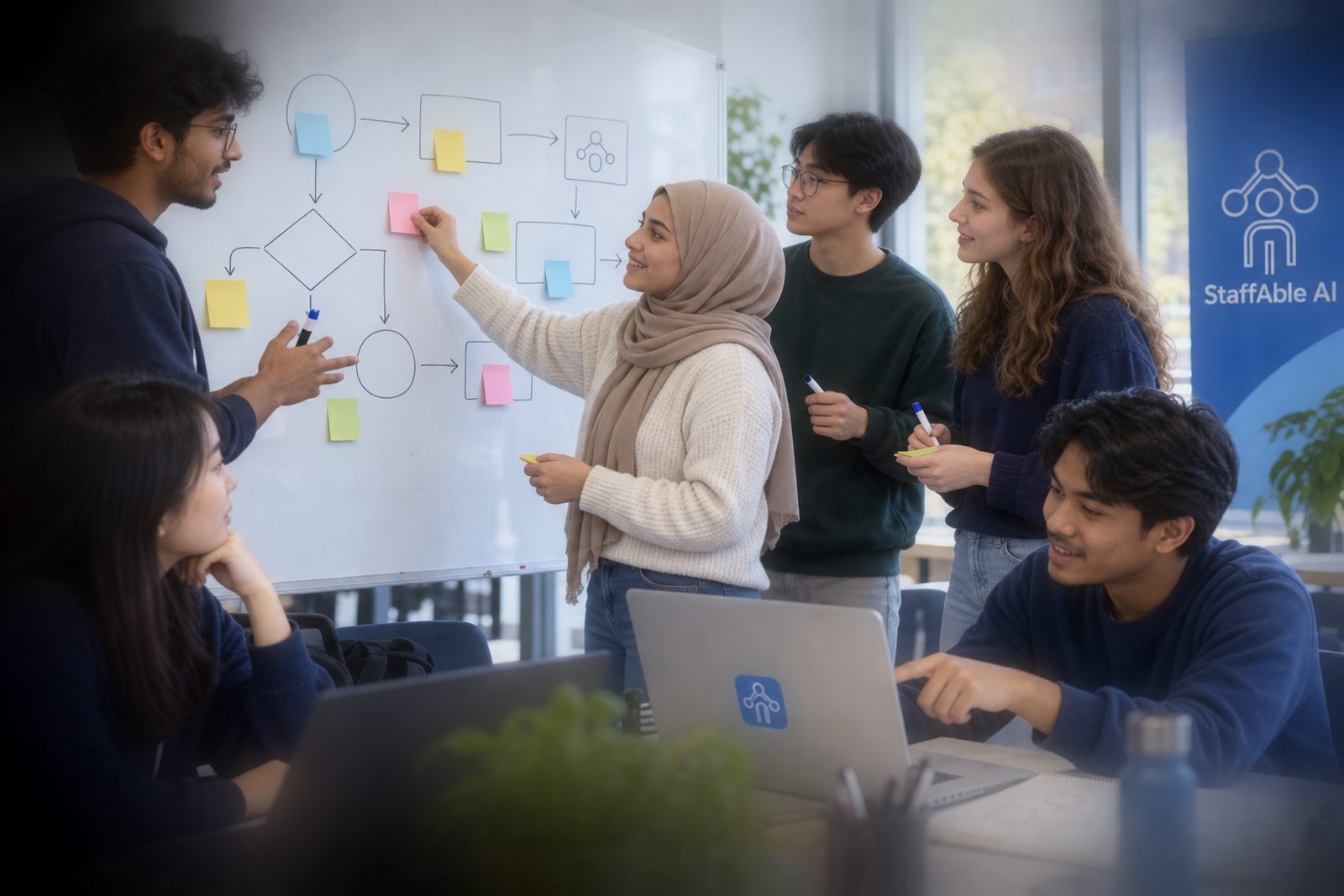 A college team maps an AI agent flow with sticky notes and a whiteboard.