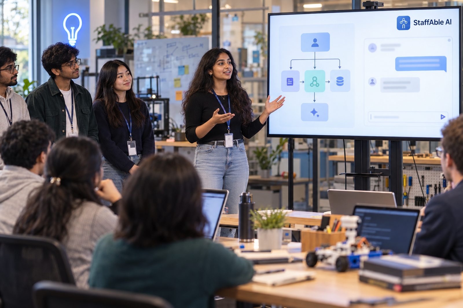 Students present a working AI agent to peers and mentors in an innovation lab.