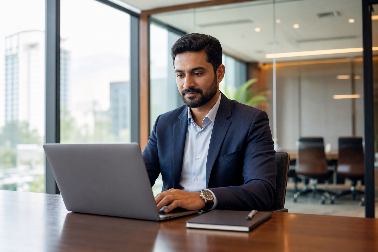 Premium Indian corporate leader working on a laptop in a modern office