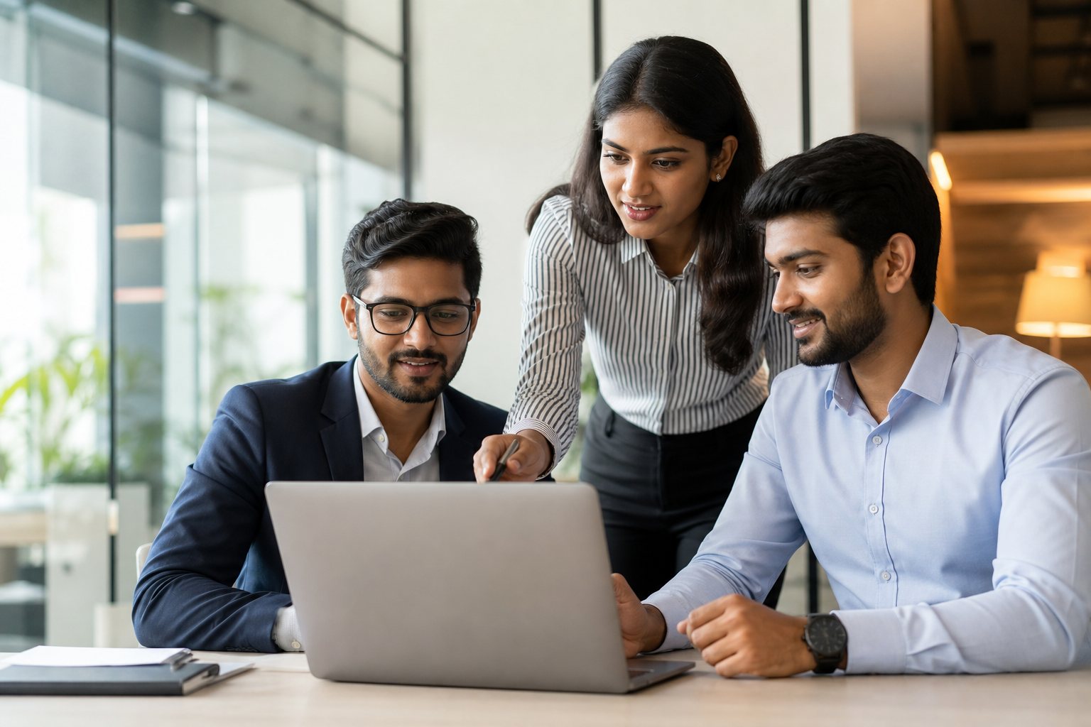 Indian corporate employees collaborating in a premium office